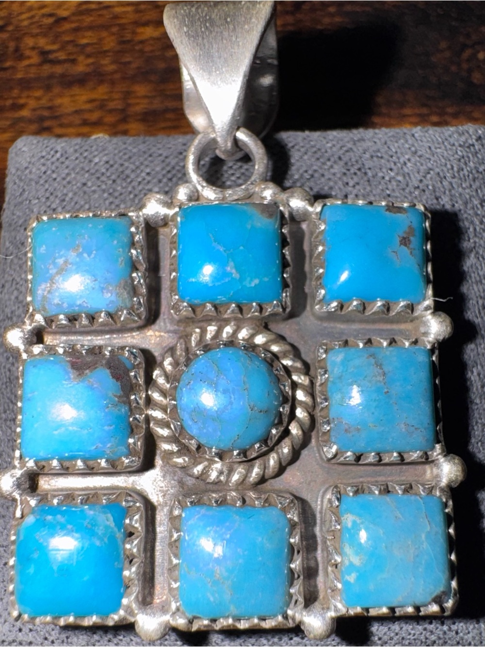 Turquoise Square Cluster Pendant Necklace - Blue Sterling Style